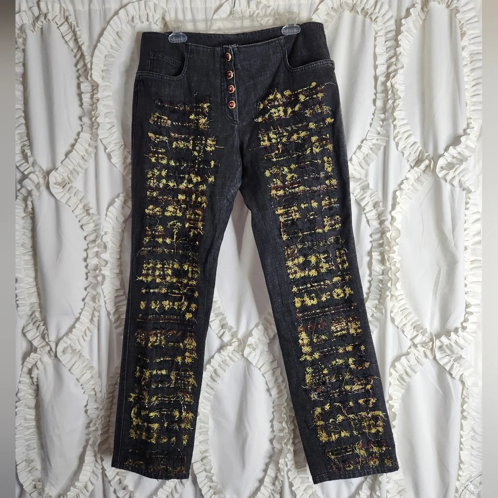Authentic Chanel Byzantine Paris Embellished Tweed Jeans sz 46 US 10/12